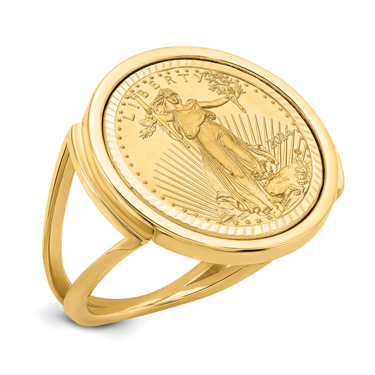 14K Yellow Gold Wideband Distinguished Coin Jewelry Ladies' Polished And Diamond Cut Mounted 1/10Oz American Eagle Bezel Ring