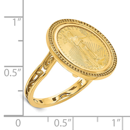 14K Yellow Gold Wideband Distinguished Coin Jewelry Ladies' Polished Filigree Sides And Beaded Top Mounted 1/10Oz American Eagle Bezel Ring