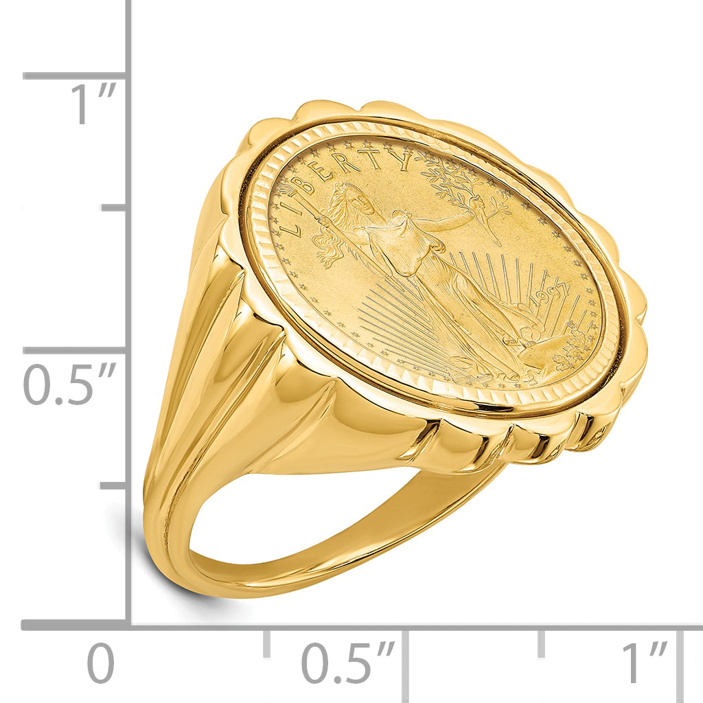 14K Yellow Gold Wideband Distinguished Coin Jewelry Ladies' Polished And Diamond Cut Fluted Mounted 1/10Oz American Eagle Bezel Ring