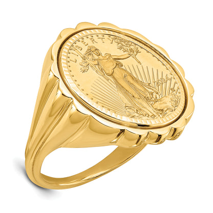 14K Yellow Gold Wideband Distinguished Coin Jewelry Ladies' Polished And Diamond Cut Fluted Mounted 1/10Oz American Eagle Bezel Ring