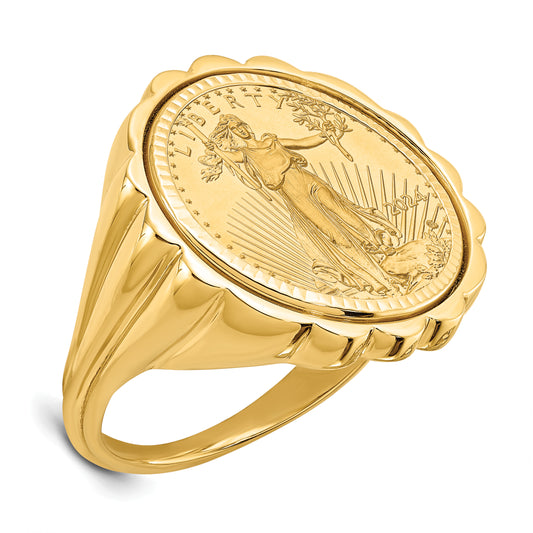 14K Yellow Gold Wideband Distinguished Coin Jewelry Ladies' Polished And Diamond Cut Fluted Mounted 1/10Oz American Eagle Bezel Ring