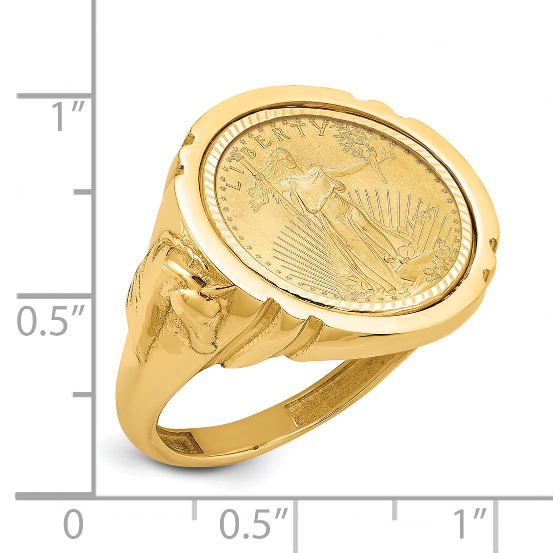 14K Yellow Gold Wideband Distinguished Coin Jewelry Polished And Diamond Cut With Horse Sides Mounted 1/10Oz American Eagle Bezel Ring