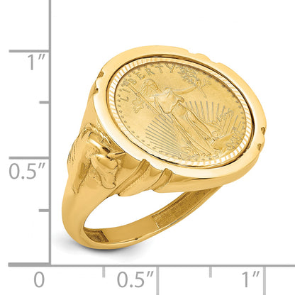 14K Yellow Gold Wideband Distinguished Coin Jewelry Polished And Diamond Cut With Horse Sides Mounted 1/10Oz American Eagle Bezel Ring