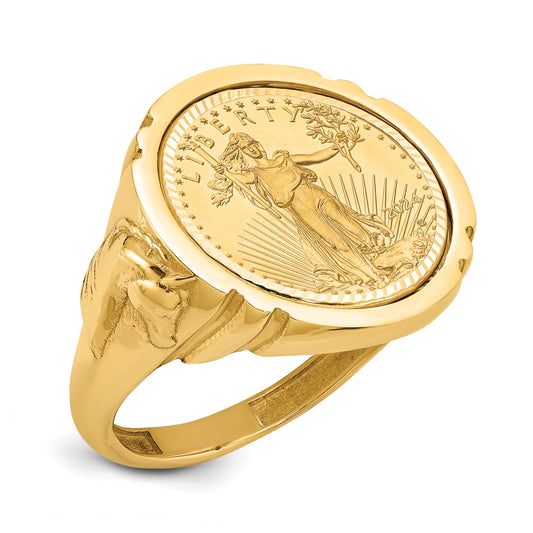 14K Yellow Gold Wideband Distinguished Coin Jewelry Polished And Diamond Cut With Horse Sides Mounted 1/10Oz American Eagle Bezel Ring