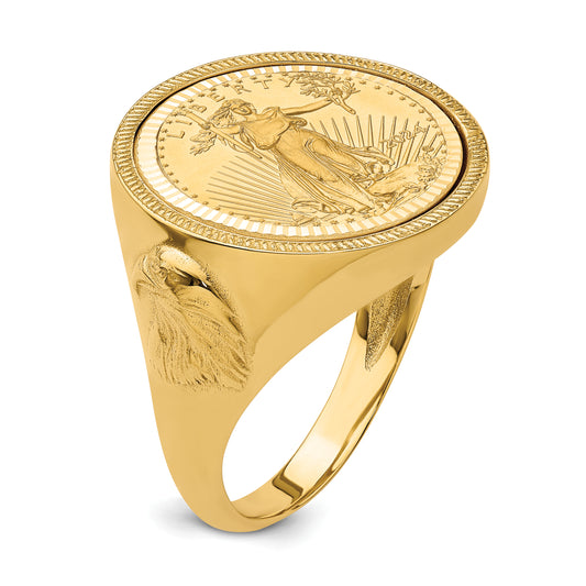 14K Yellow Gold Wideband Distinguished Coin Jewelry Men'S Polished Textured And Diamond Cut With Eagle Side Mounted 1/10Oz American Bezel Ring