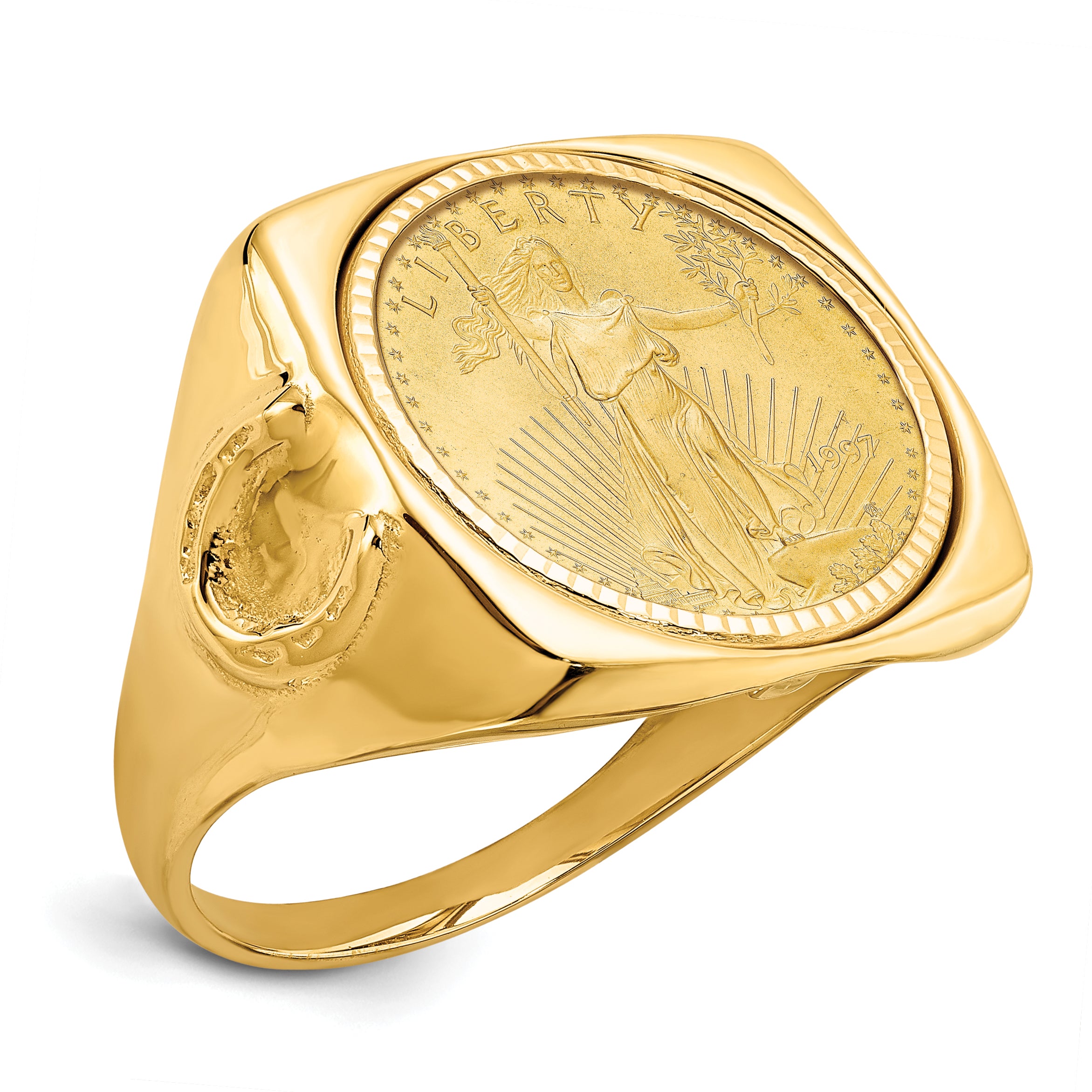 14K Yellow Gold Wideband Distinguished Coin Jewelry Men'S Polished And Diamond Cut With Horseshoe Sides Square Shaped Mounted 1/10Oz American Eagle Bezel Ring