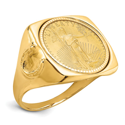 14K Yellow Gold Wideband Distinguished Coin Jewelry Men'S Polished And Diamond Cut With Horseshoe Sides Square Shaped Mounted 1/10Oz American Eagle Bezel Ring