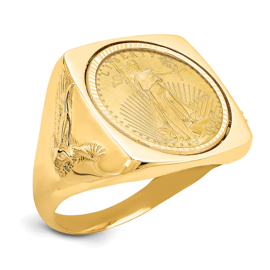 14K Yellow Gold Wideband Distinguished Coin Jewelry Men'S Polished And Diamond Cut With Flying Eagle Side Square Shaped Mounted 1/10Oz American Bezel Ring