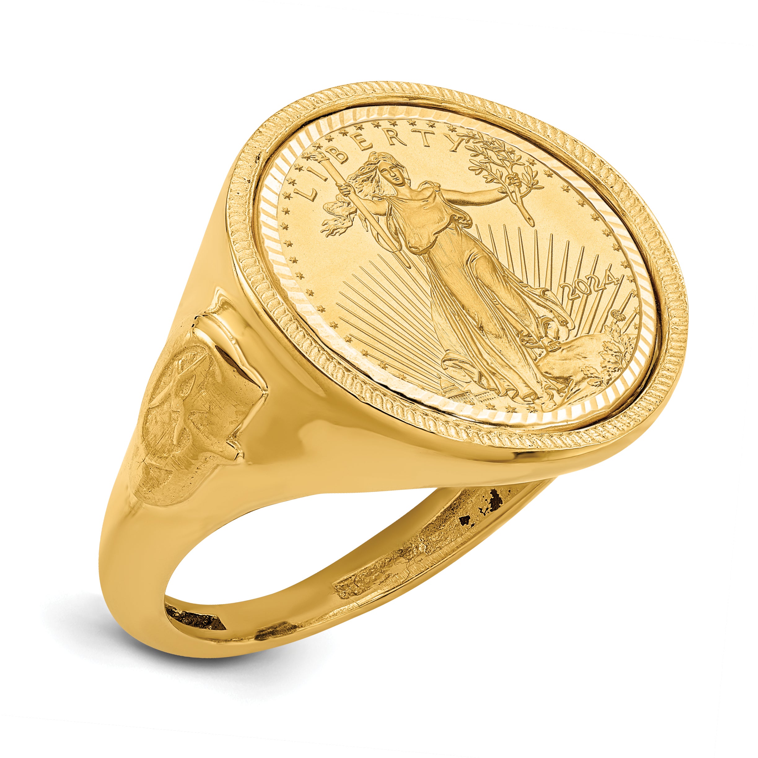 14K Yellow Gold Wideband Distinguished Coin Jewelry Men'S Polished Textured And Diamond Cut With Masonic Sides Mounted 1/10Oz American Eagle Bezel Ring