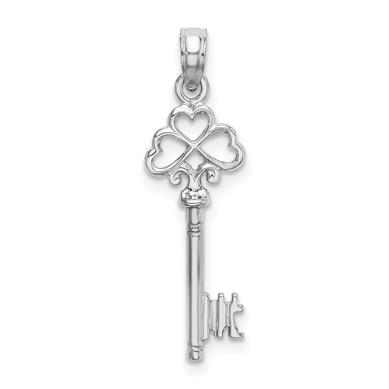 14K White Gold 3-D Key W/ Hearts Charm
