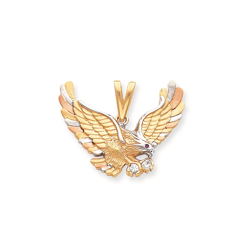 LARGER VERSION - 14k Tri-Color Gold & Rhodium Solid Satin Eagle with CZ & Synthetic Stones Pendant