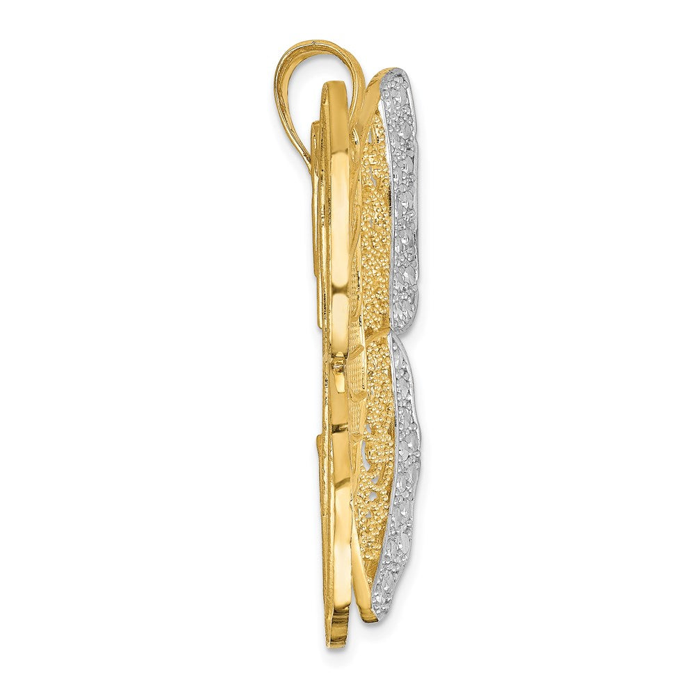 14k Yellow & Rhodium Gold w/ Rhodium Solid Polished Diamond-cut Filigree Butterfly Pendant