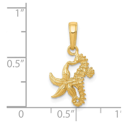 14K Yellow Gold Solid Seahorse And Starfish Pendant