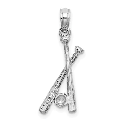 14K White Gold Polished Open-Back Bats And Baseball Pendant