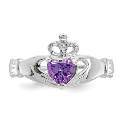 14K White Gold CZ February Birthstone Claddagh Heart Ring