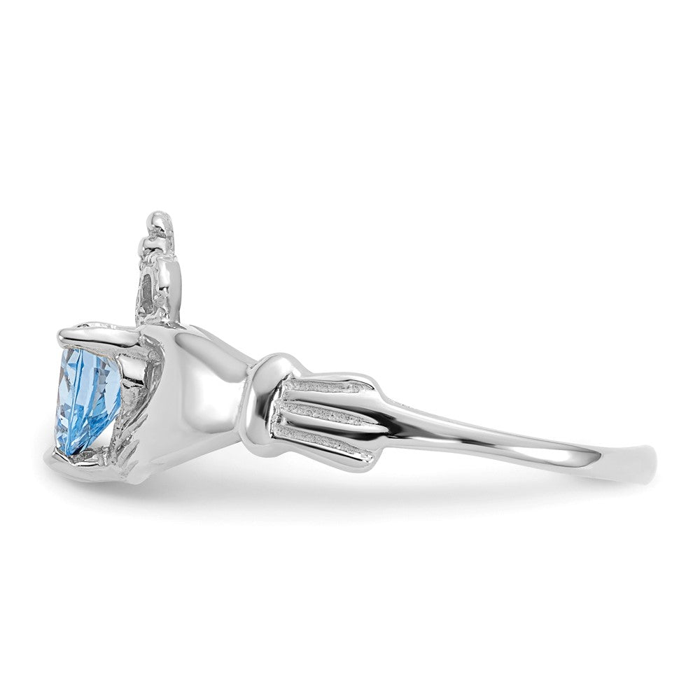 14K White Gold CZ March Birthstone Claddagh Heart Ring