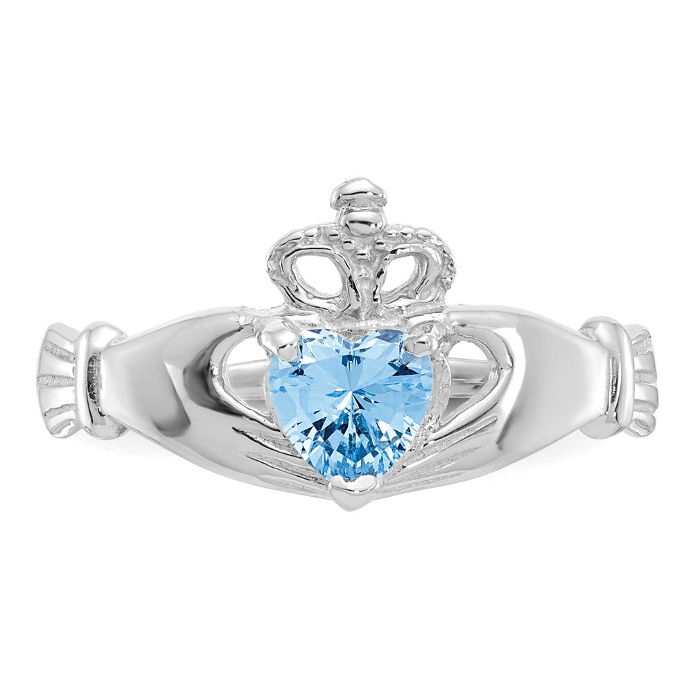 14K White Gold CZ March Birthstone Claddagh Heart Ring