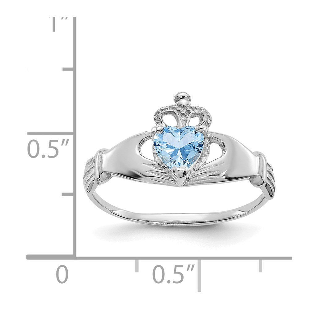 14K White Gold CZ March Birthstone Claddagh Heart Ring