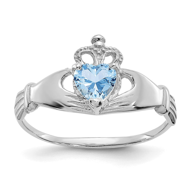 14K White Gold CZ March Birthstone Claddagh Heart Ring