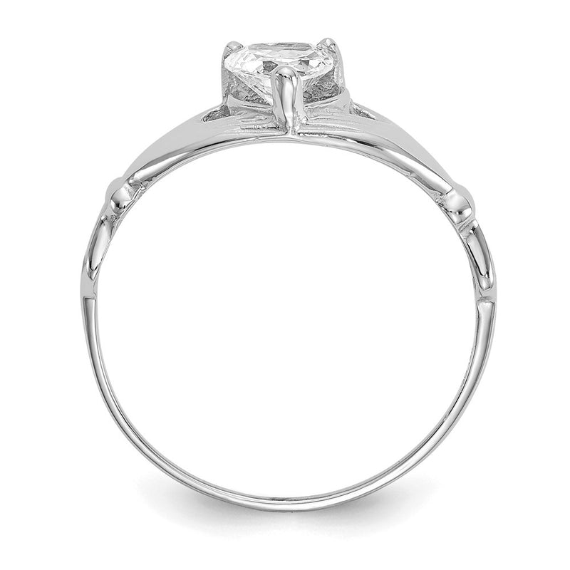 14K White Gold CZ April Birthstone Claddagh Heart Ring