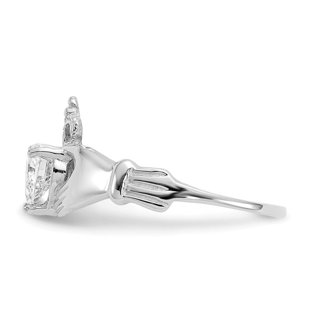 14K White Gold CZ April Birthstone Claddagh Heart Ring