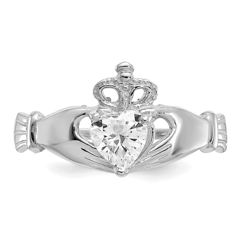 14K White Gold CZ April Birthstone Claddagh Heart Ring
