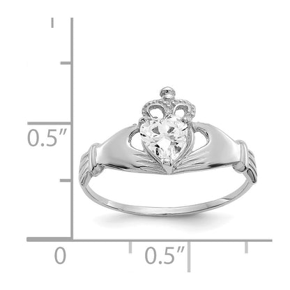14K White Gold CZ April Birthstone Claddagh Heart Ring