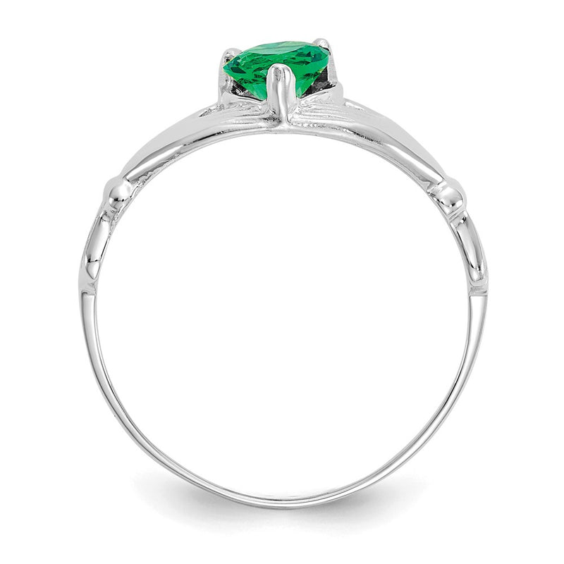 14K White Gold CZ May Birthstone Claddagh Heart Ring