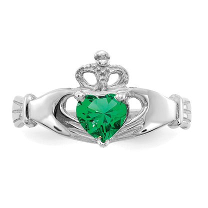 14K White Gold CZ May Birthstone Claddagh Heart Ring