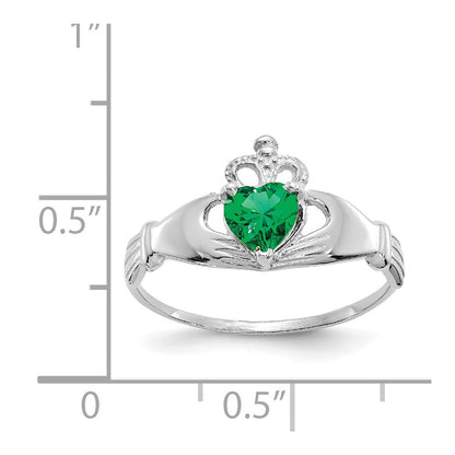 14K White Gold CZ May Birthstone Claddagh Heart Ring