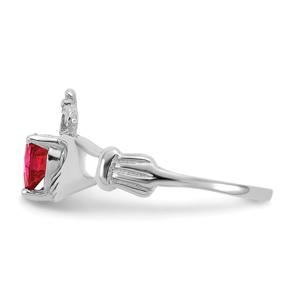 14K White Gold CZ July Birthstone Claddagh Heart Ring