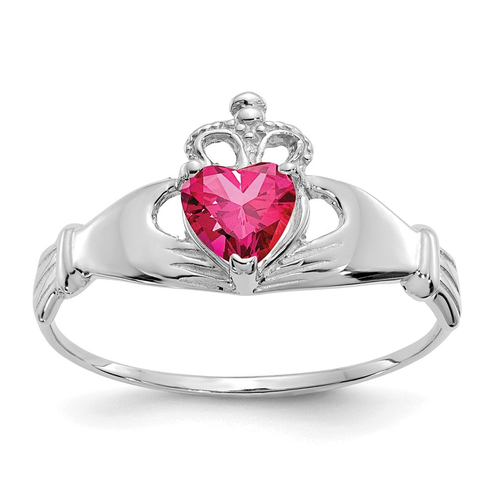 14K White Gold CZ July Birthstone Claddagh Heart Ring