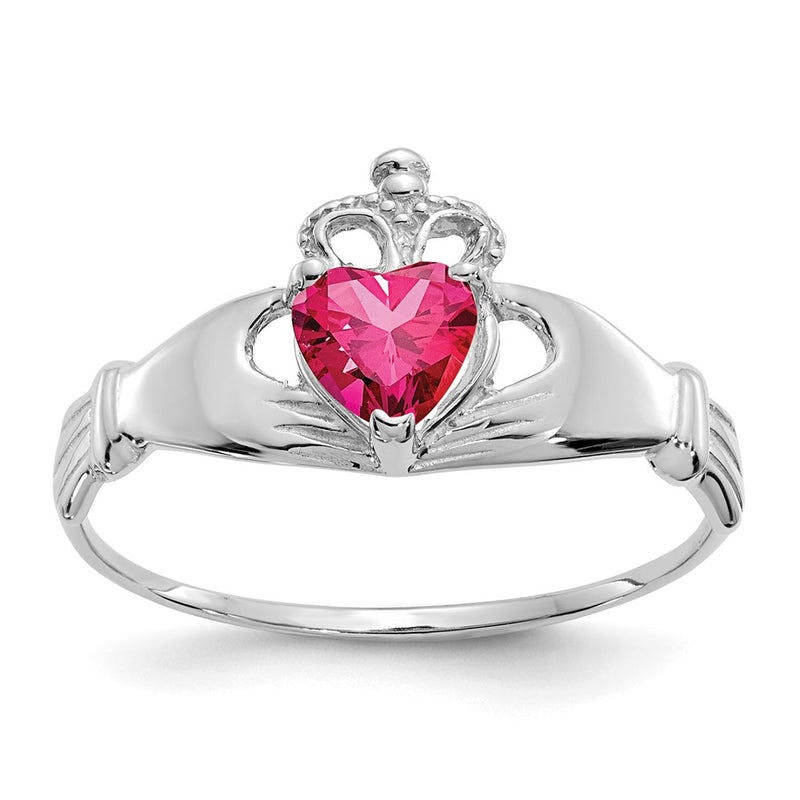 14K White Gold CZ July Birthstone Claddagh Heart Ring