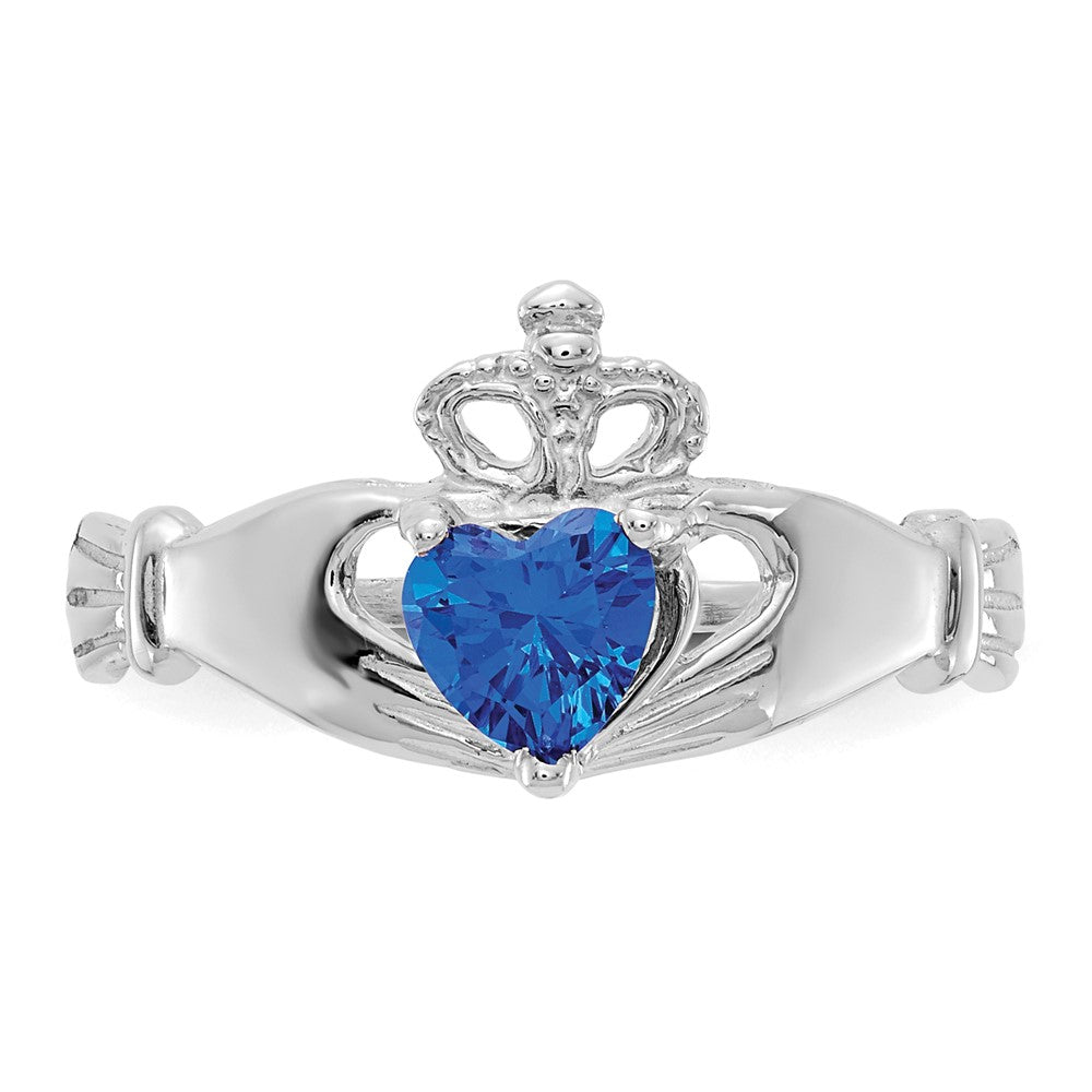 14K White Gold CZ September Birthstone Claddagh Heart Ring