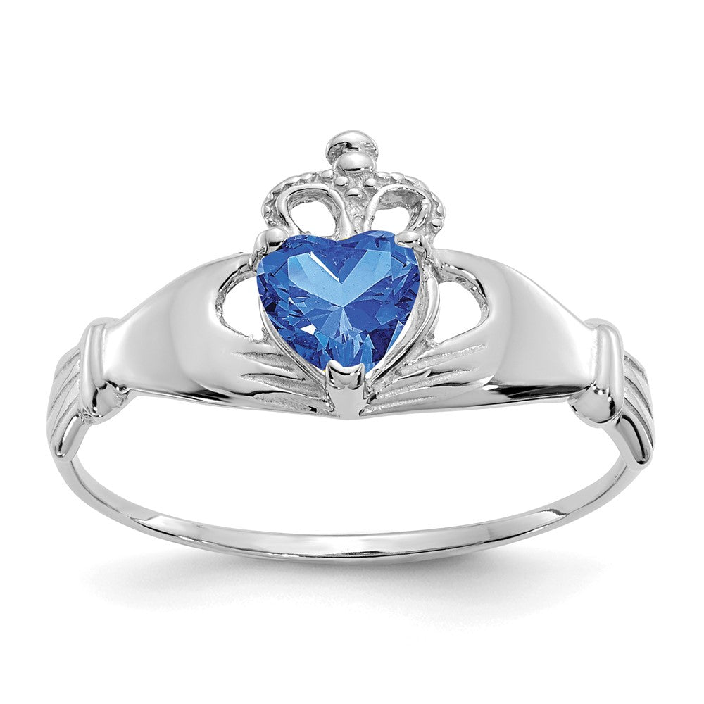 14K White Gold CZ September Birthstone Claddagh Heart Ring
