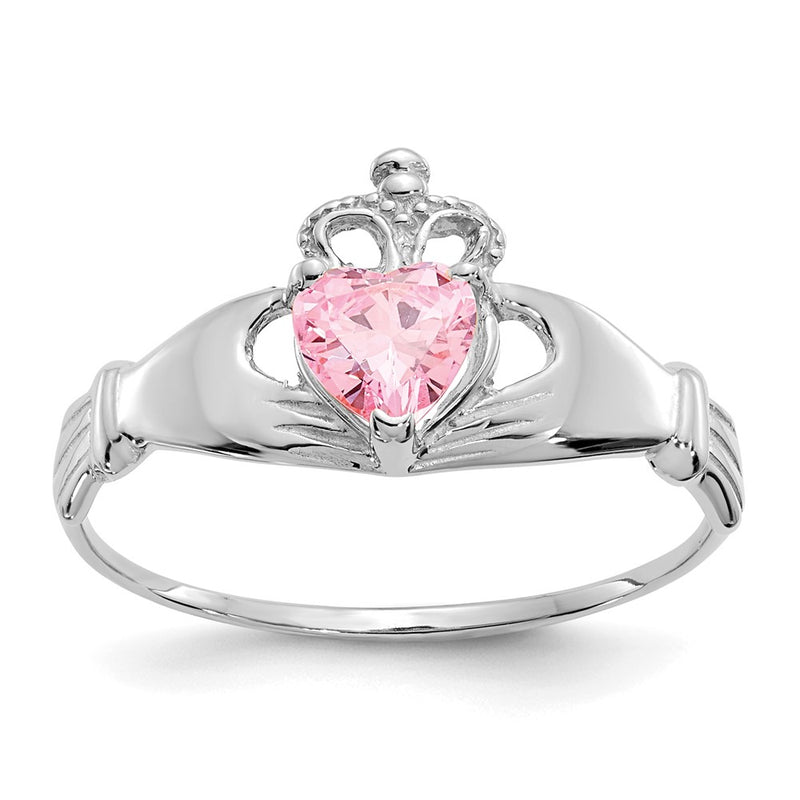 14K White Gold CZ October Birthstone Claddagh Heart Ring