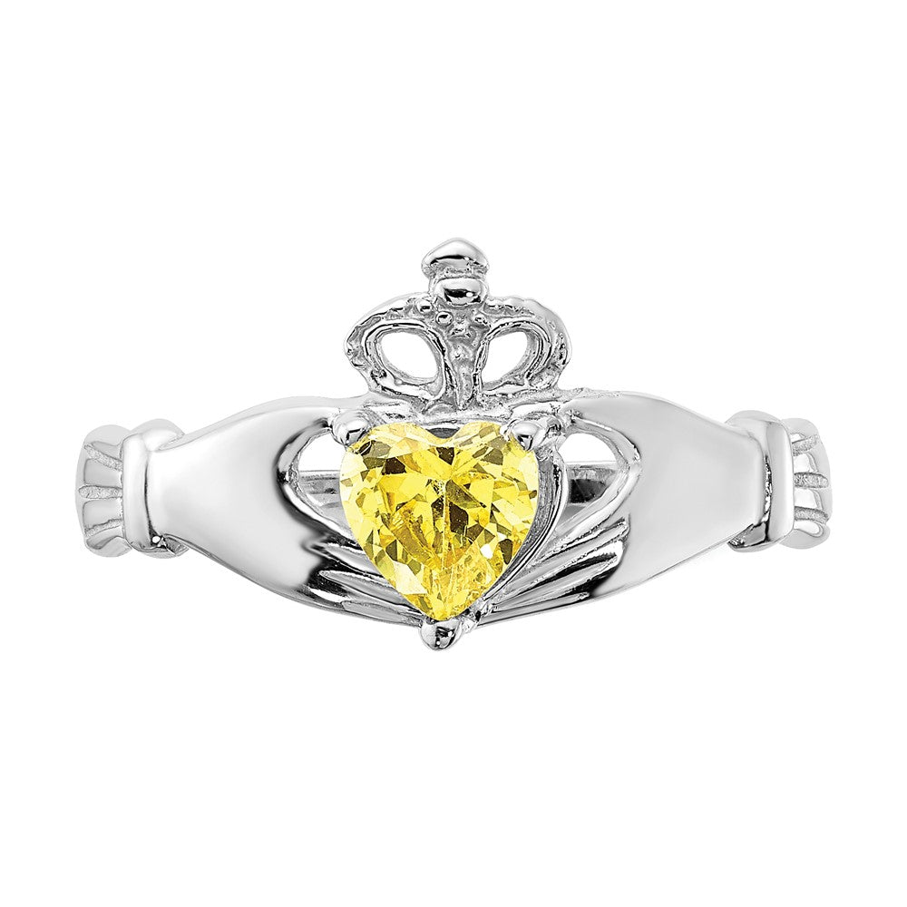 14K White Gold CZ November Birthstone Claddagh Heart Ring