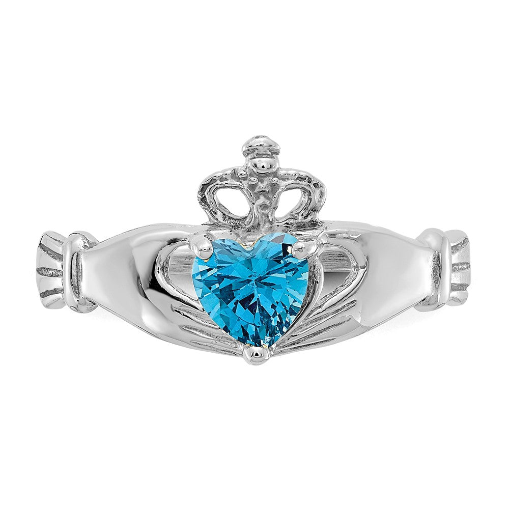 14K White Gold CZ December Birthstone Claddagh Heart Ring