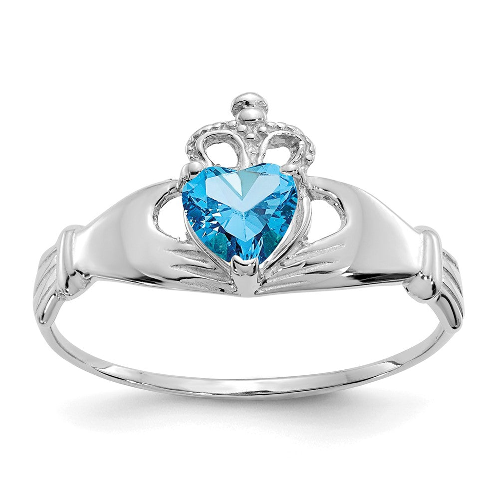 14K White Gold CZ December Birthstone Claddagh Heart Ring
