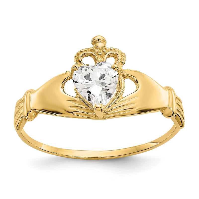 14K Yellow Gold CZ April Birthstone Claddagh Heart Ring