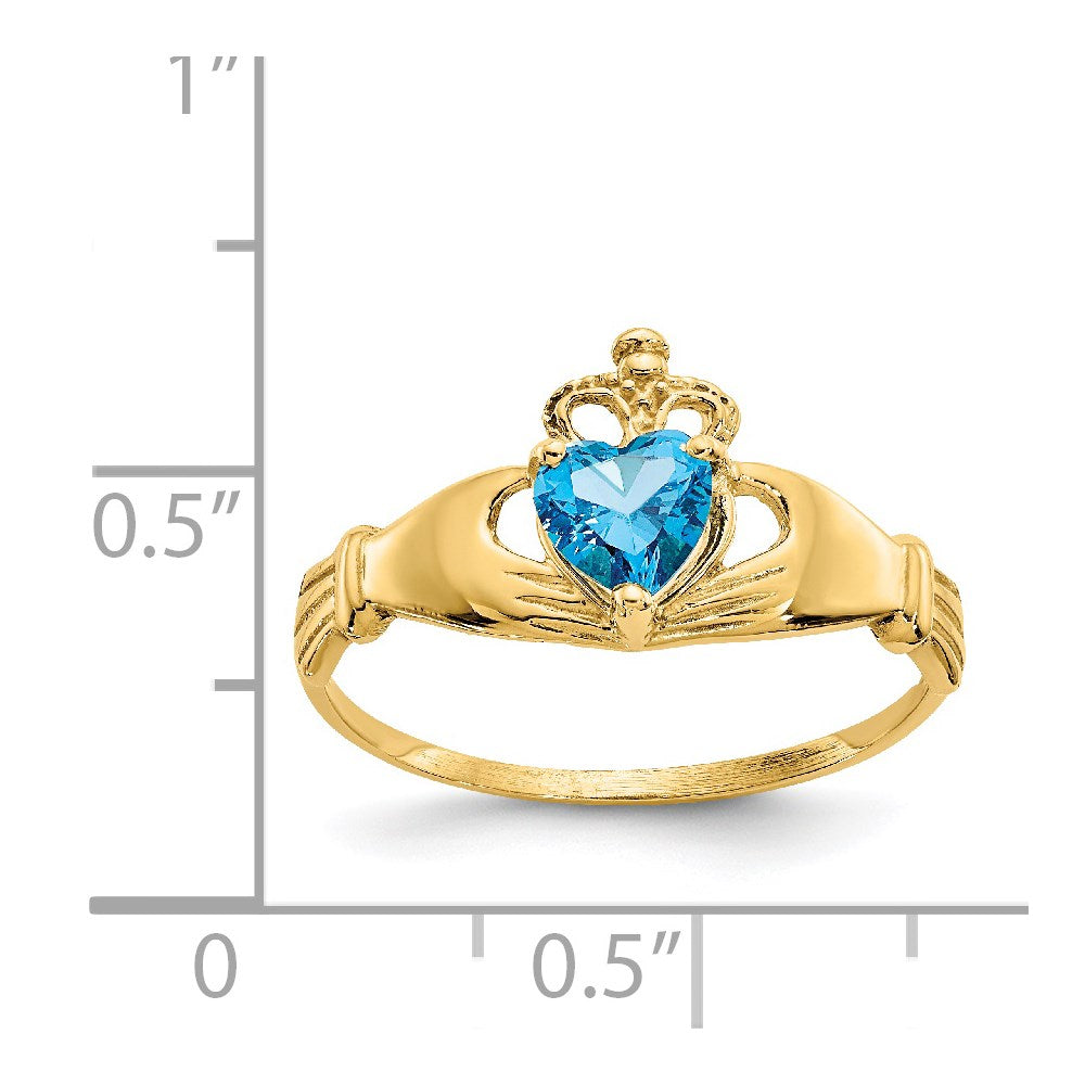 14K Yellow Gold CZ December Birthstone Claddagh Heart Ring