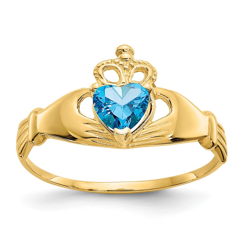 14K Yellow Gold CZ December Birthstone Claddagh Heart Ring