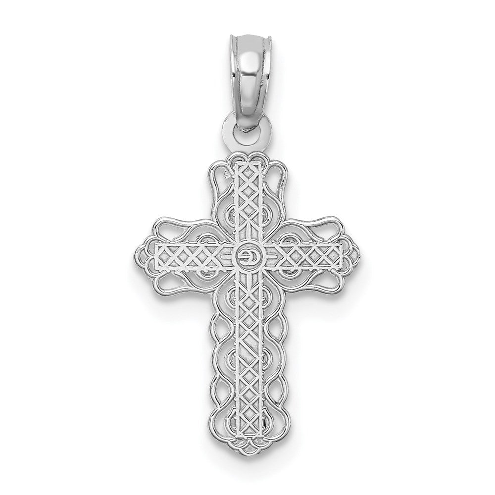 14K White Gold W/ Lace Trim And Polished Center Cross Charm