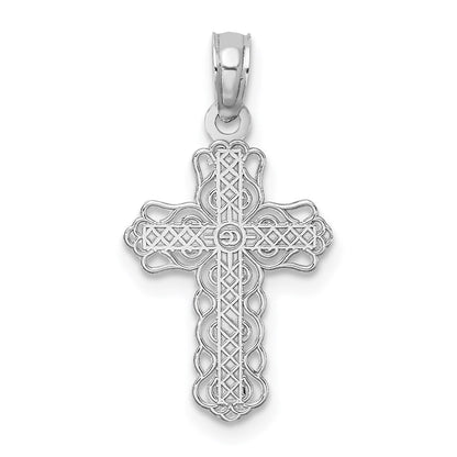 14K White Gold W/ Lace Trim And Polished Center Cross Charm