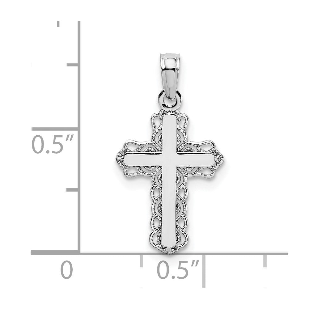 14K White Gold W/ Lace Trim And Polished Center Cross Charm