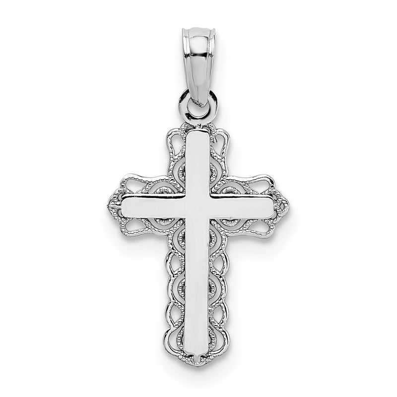14K White Gold W/ Lace Trim And Polished Center Cross Charm