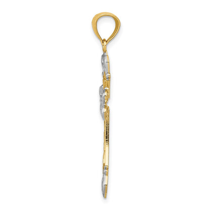 14k Yellow & Rhodium Gold w/Rhodium Diamond/cut Cross Pendant