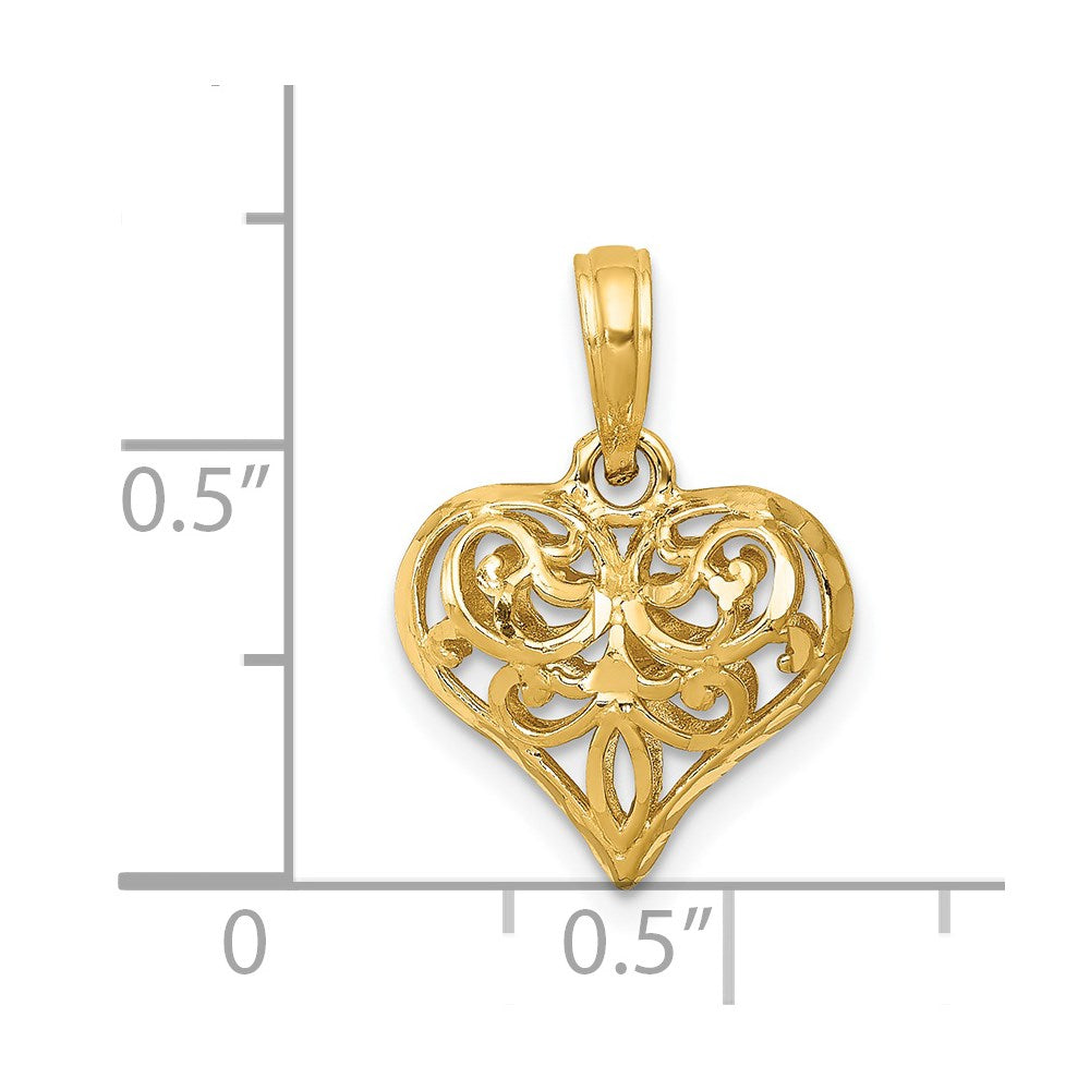 14K Yellow Gold Polished 3-D Filigree Puffed Heart Pendant