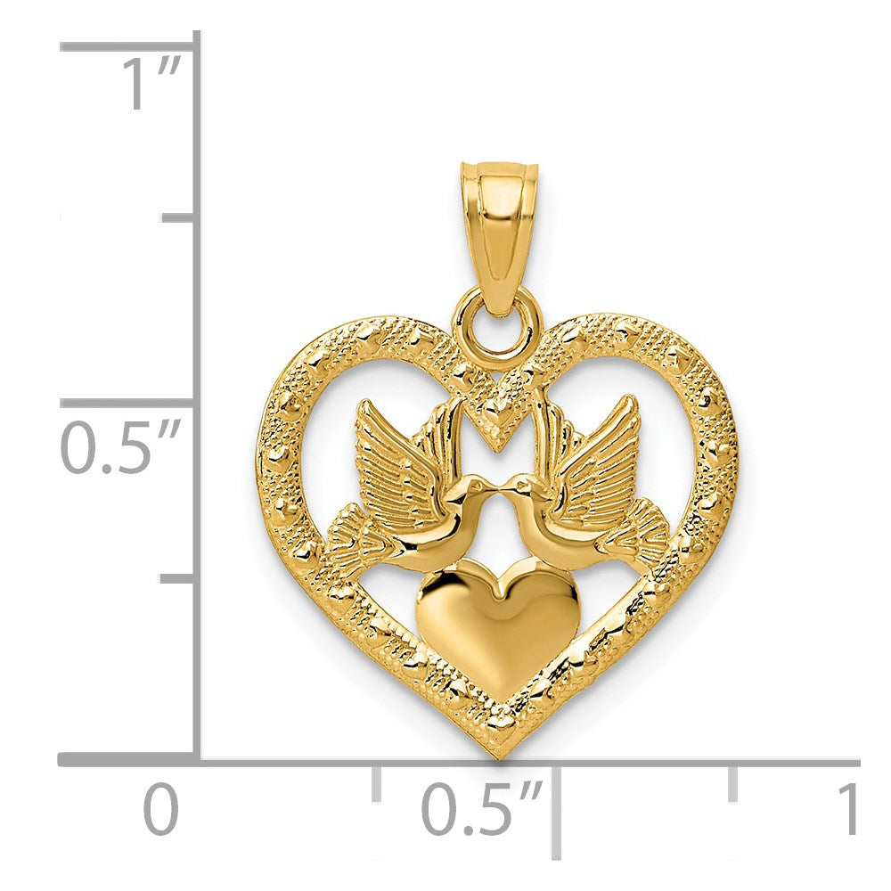14K Yellow Gold Polished Doves In Heart Pendant