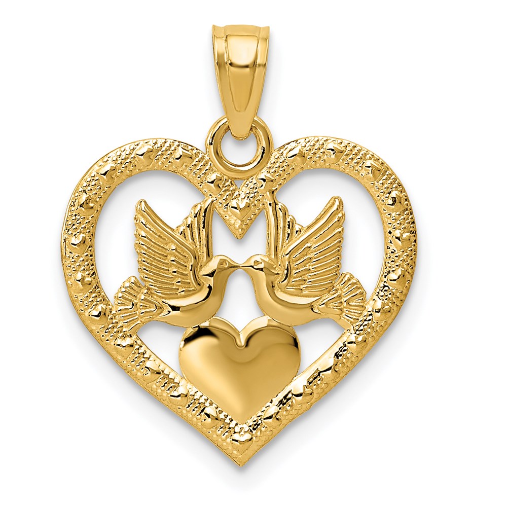 14K Yellow Gold Polished Doves In Heart Pendant